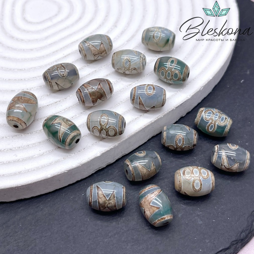 Бусина Дзи Молния и мистический узел зелено-коричневый бочонок 10*14 мм