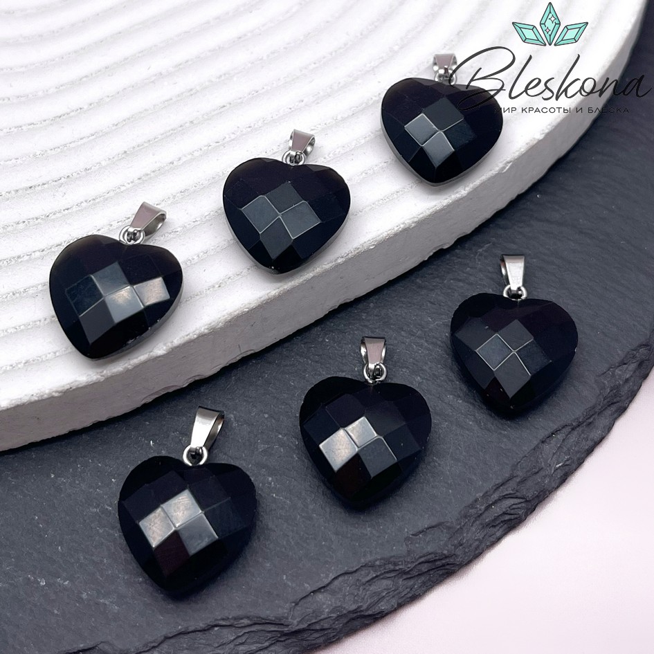 16 мм,Подвеска Сердце Черный Агат с бейлом алмазная огранка