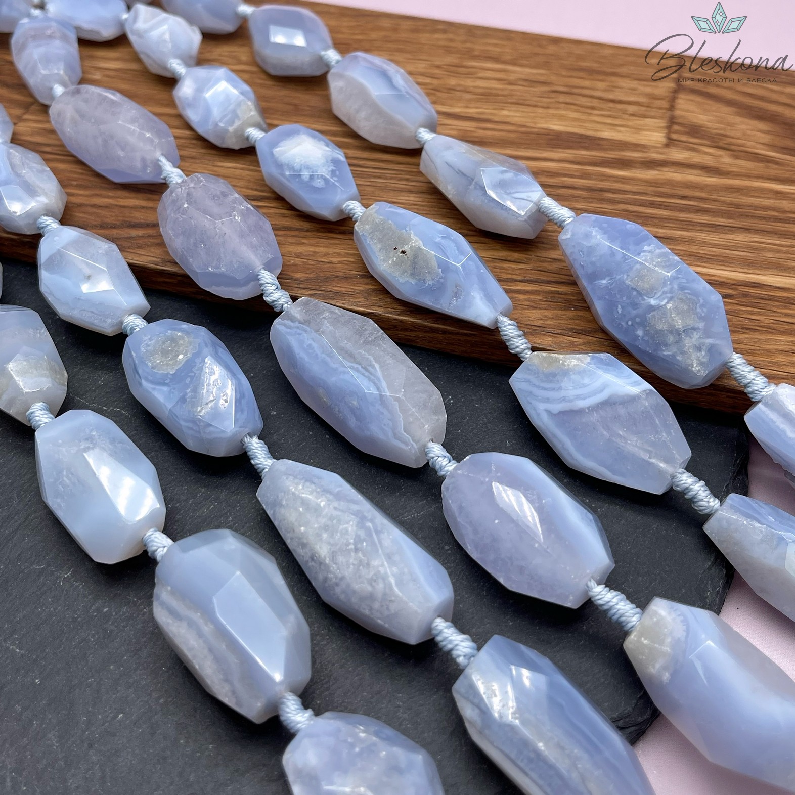 (23-40)*(14-24) мм, Агат голубой (Сапфирин) фриформ огранка