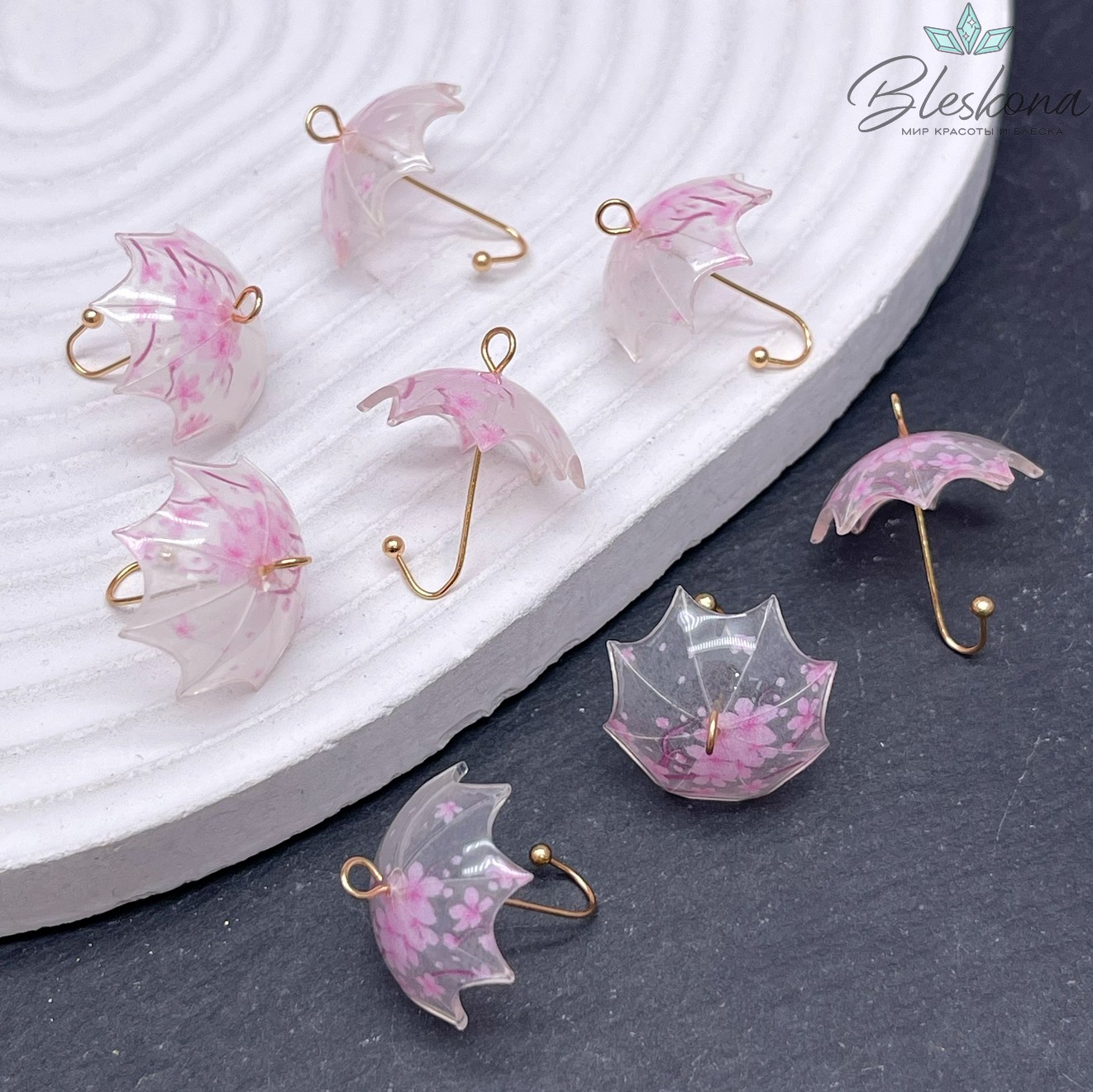 21*18 мм Цвет золото, Подвеска зонтик прозрачный сакура
