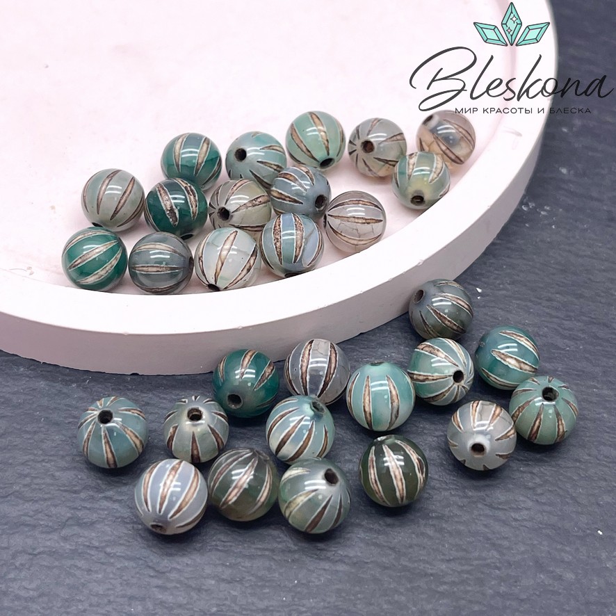 Бусина Дзи полосы зелено-коричневый шар 8 мм уп.15 шт.