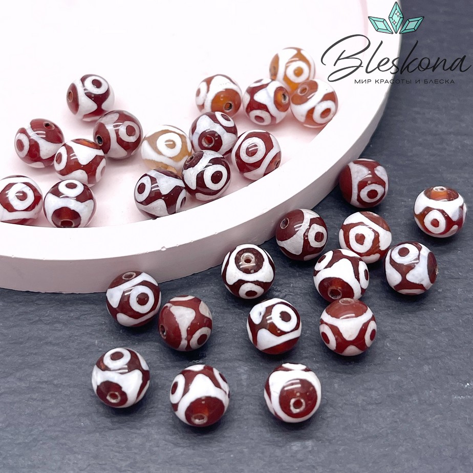 Бусина Дзи 3 глаза бело-коричневый шар 8 мм уп.15 шт.