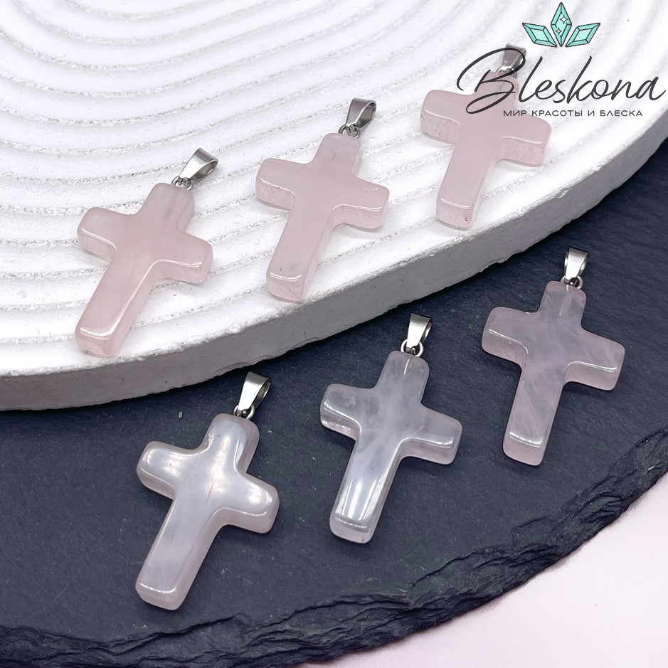 Подвеска крест Розовый кварц, цвет серебро 28*18 мм