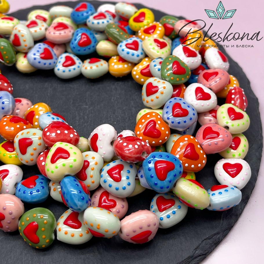 14,5 мм Бусина сердце, керамика цвет микс №2