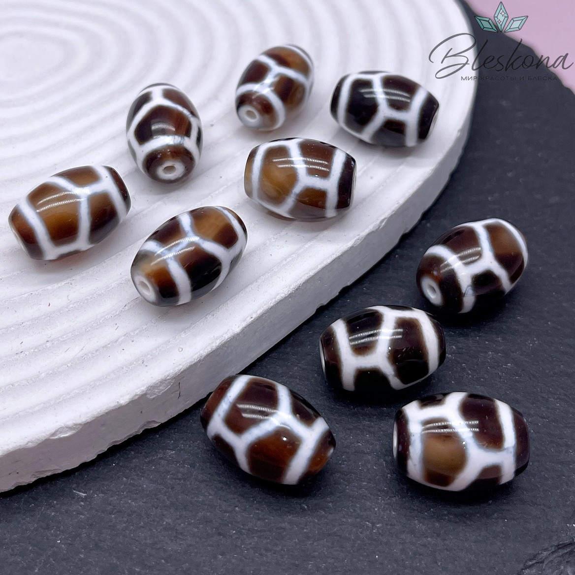 Бусина Дзи Черепаха черно-белый бочонок  18*13 мм