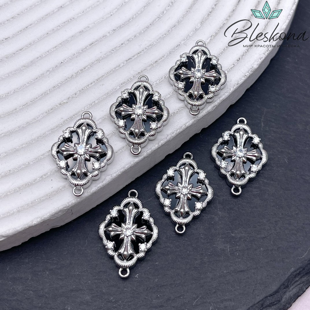 21,7*15 мм Цвет серебро, Коннектор Крест цирконы, черная керамика