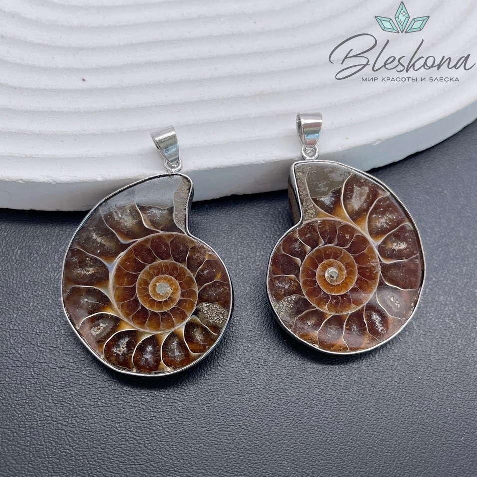 Парные подвески из Аммонита 30*35 мм, Цвет серебро