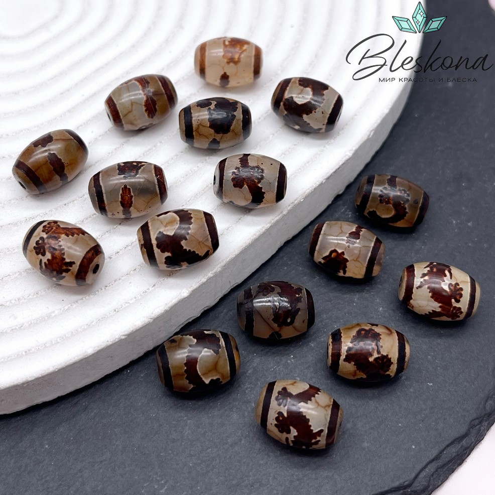 Бусина Дзи Дракон серо-коричневый бочонок 10*14 мм