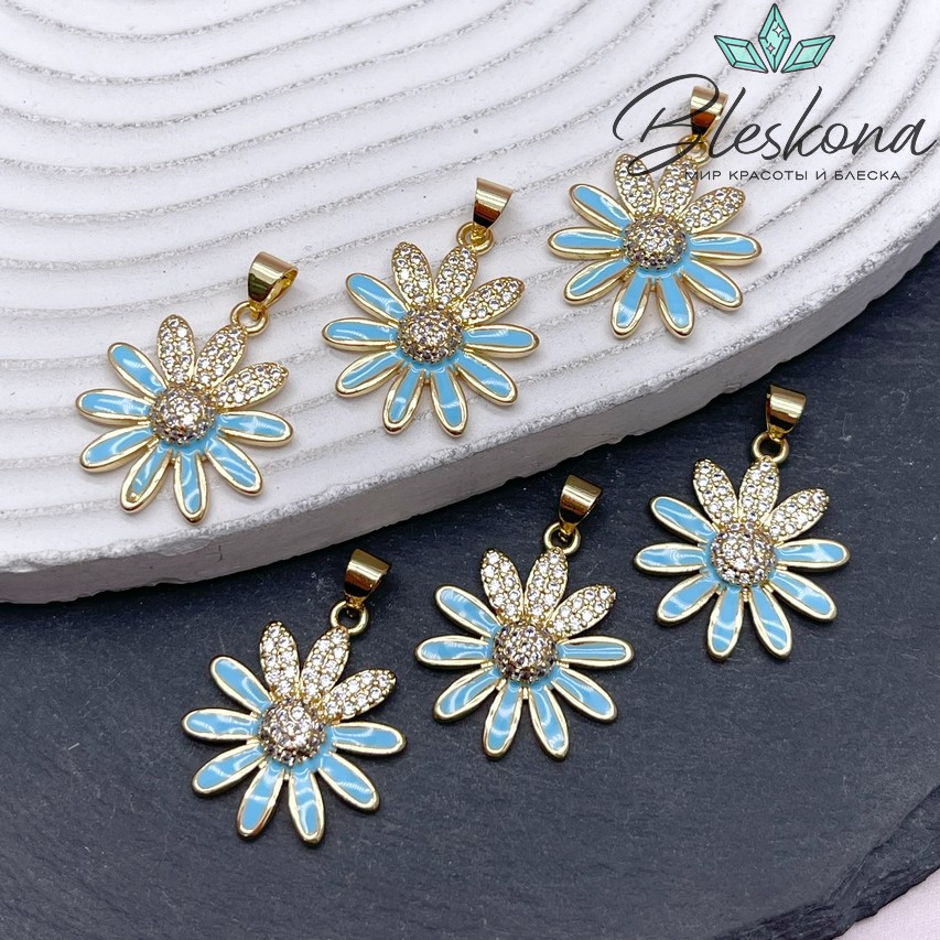 23,5*19 мм Цвет золото, Подвеска ромашка с цирконами, голубая эмаль