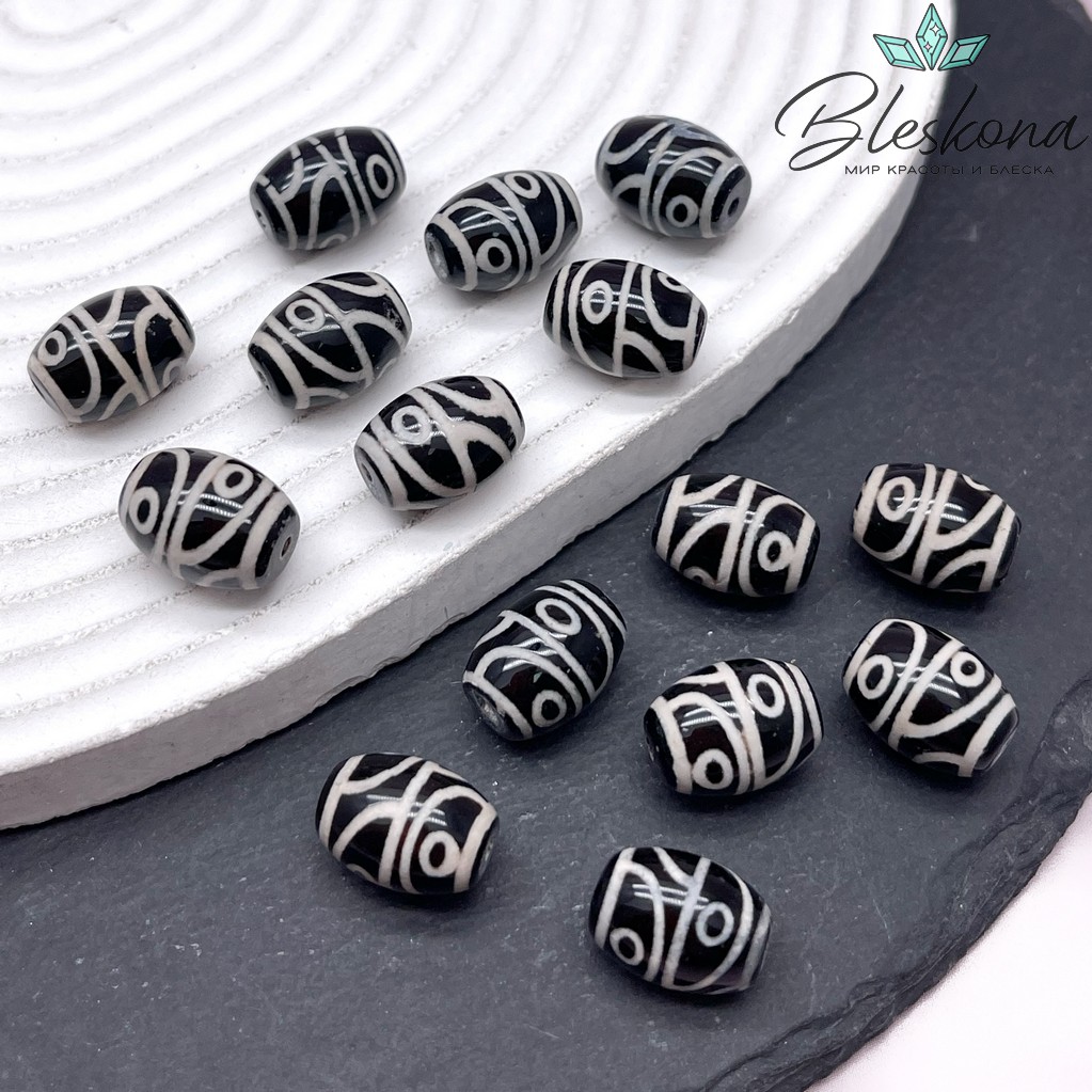 Бусина Дзи 4 глаза черно-белый бочонок 10*14 мм