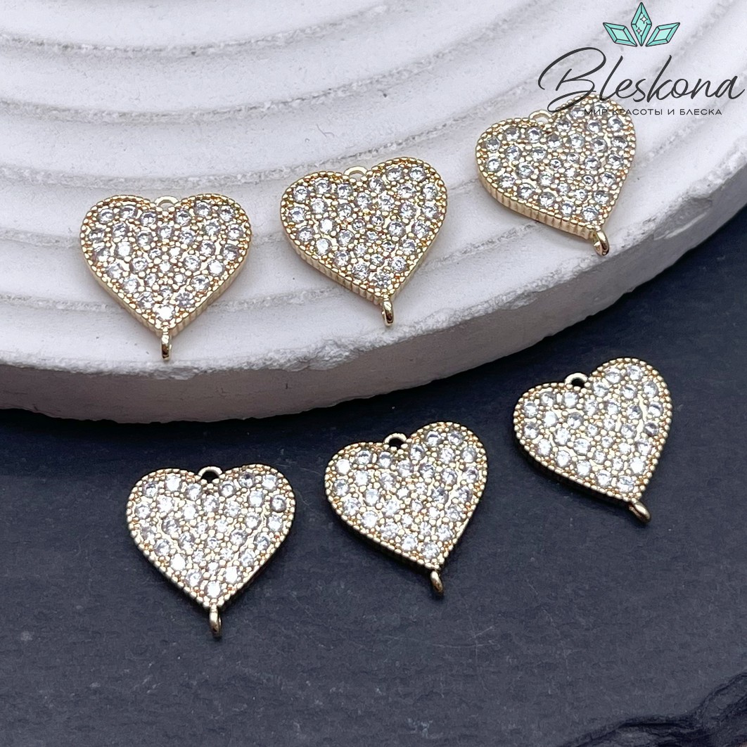 12,8*12 мм Цвет золото, Коннектор Сердце цирконы