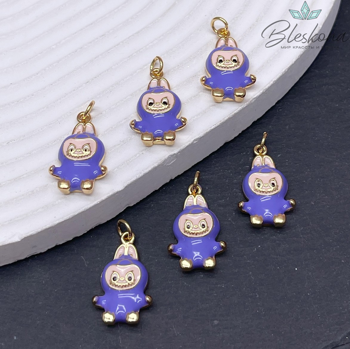 21,7*13 мм Цвет золото, Подвеска игрушка-монстрик Лабубу фиолетовая эмаль