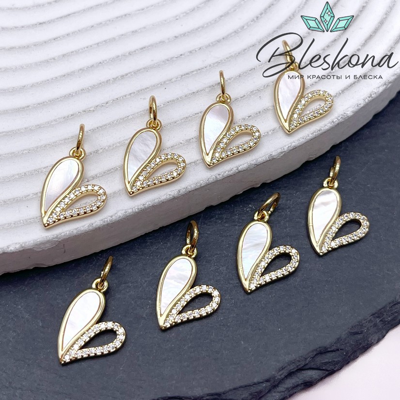 16*12 мм Цвет золото, Подвеска сердце с перламутром и цирконами