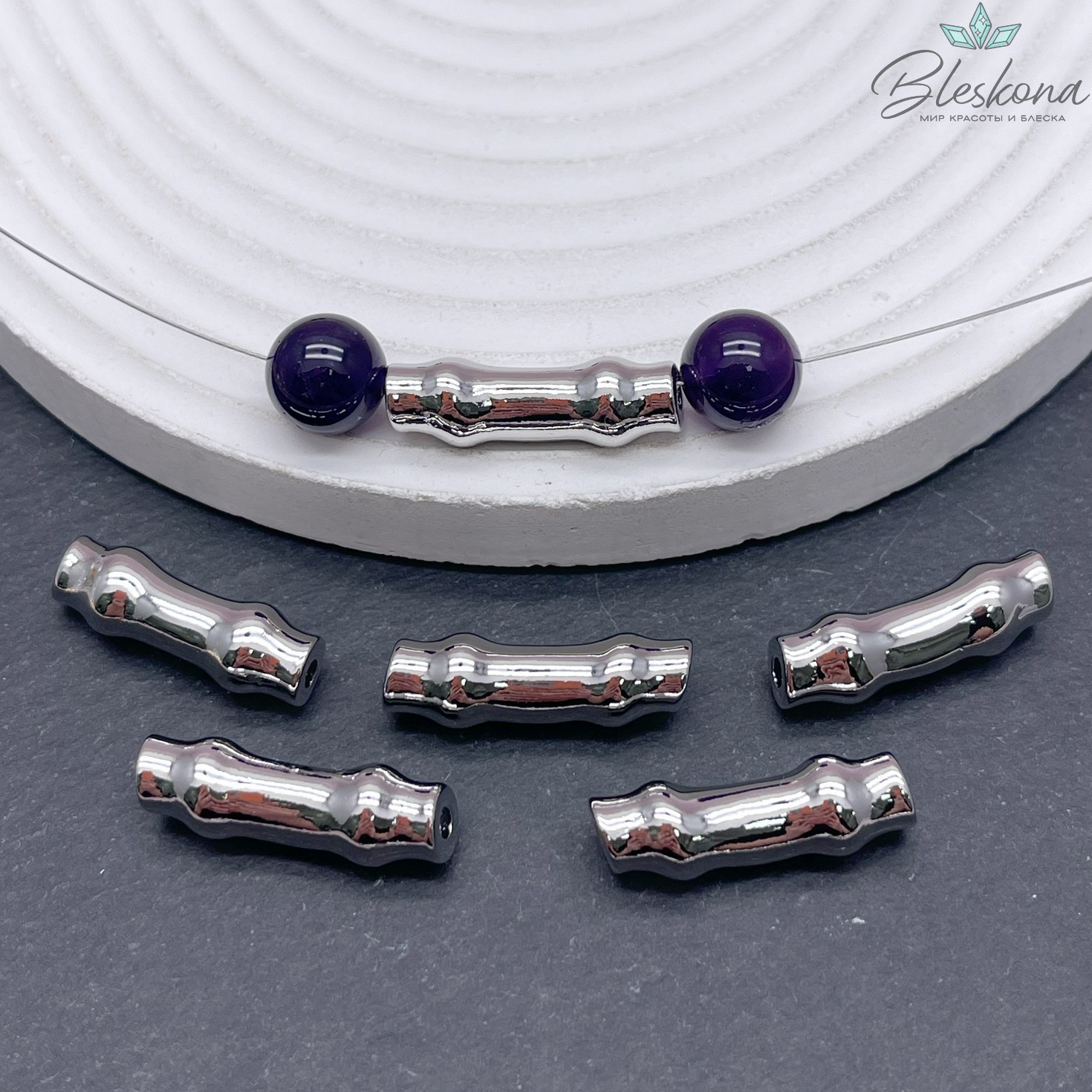 24*7,5 мм Цвет серебро, Бусина трубочка бамбук