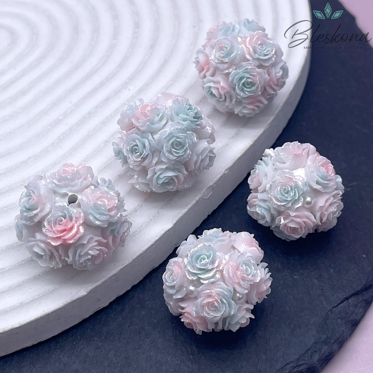 24 мм Бусина шар цветочный розово-зеленый  