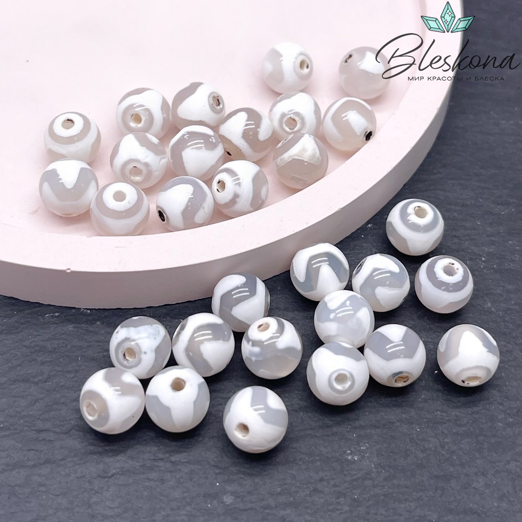 Бусина Дзи Тигриный клык серо-белый шар 8 мм уп.15 шт.