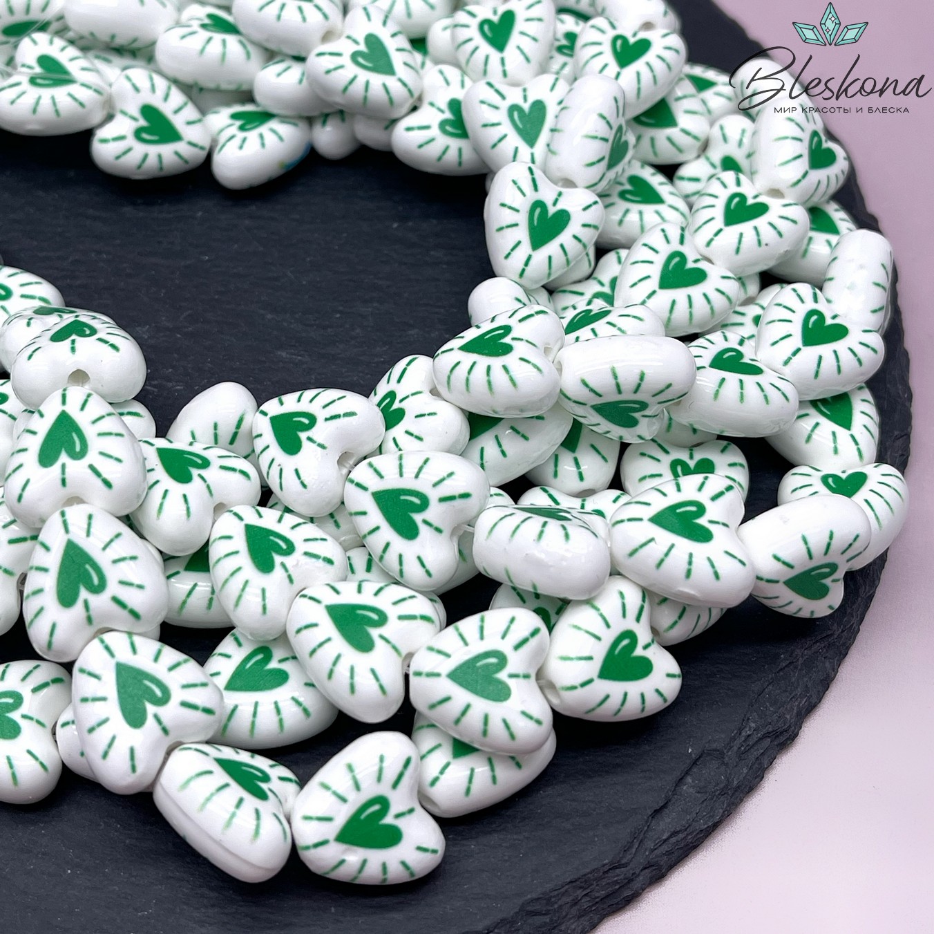 14,5 мм Бусина сердце, керамика цвет белый зеленый рисунок