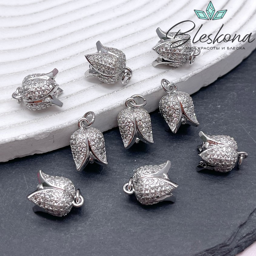 14*9,5 мм Цвет серебро, Подвеска-концевик бутон с цирконами 