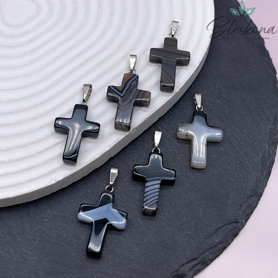 Подвеска крест Агат черный, цвет серебро 28*18 мм