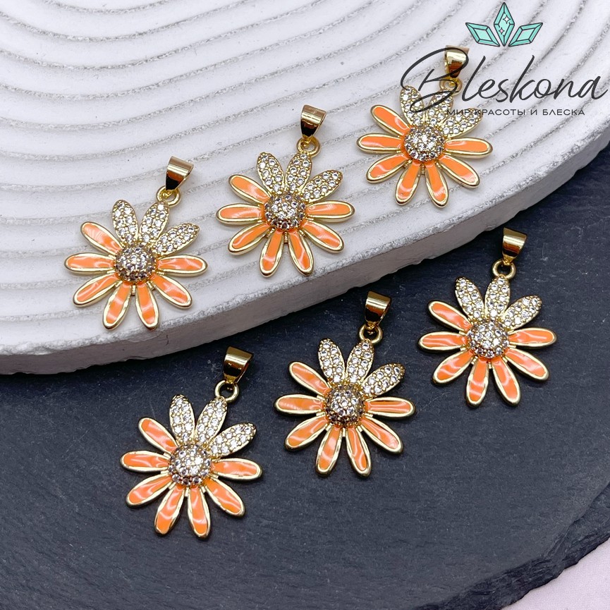 23,5*19 мм Цвет золото, Подвеска ромашка с цирконами, оранжевая эмаль