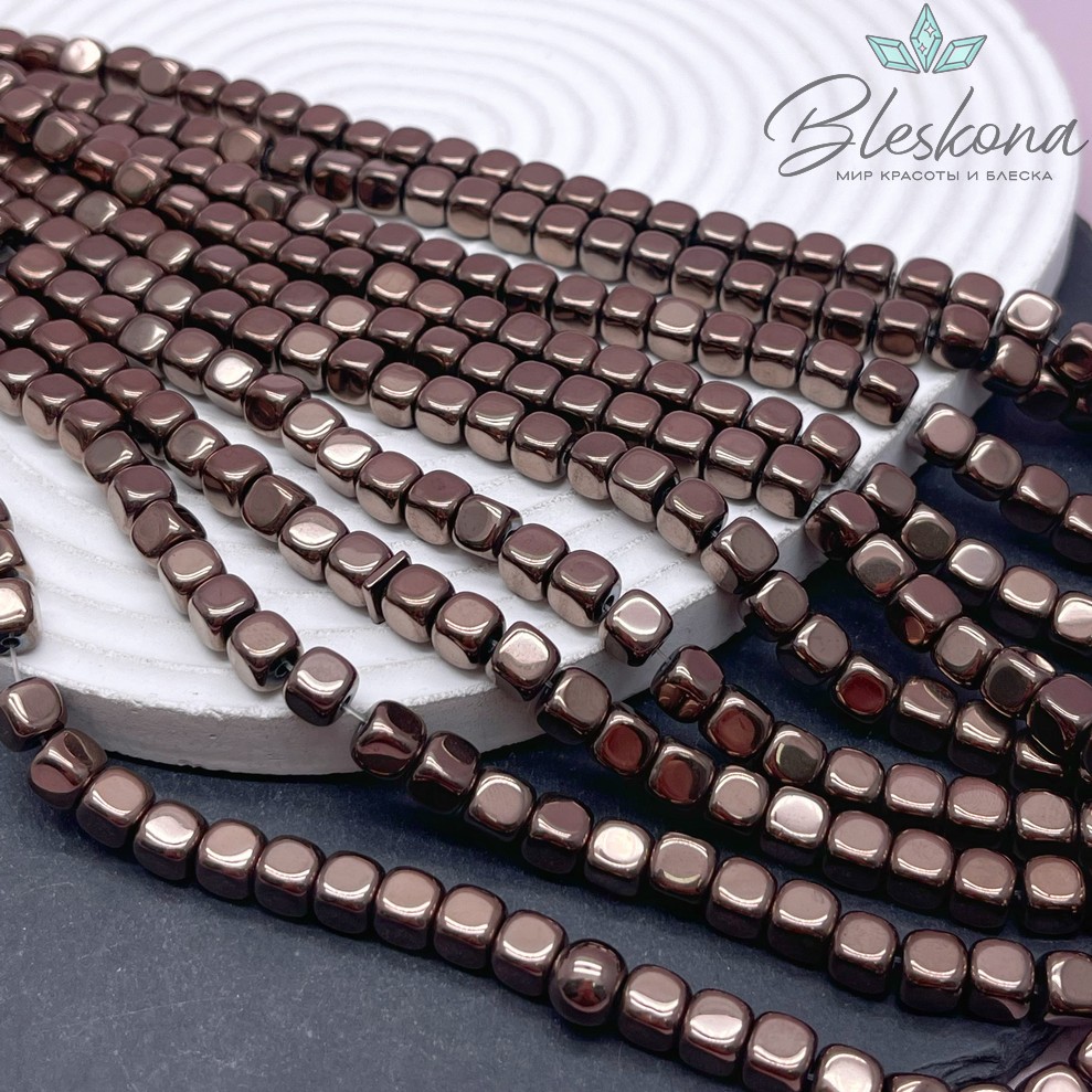 6 мм Гематин, куб округленные стороны, коричневый (шоколадный) имитация 