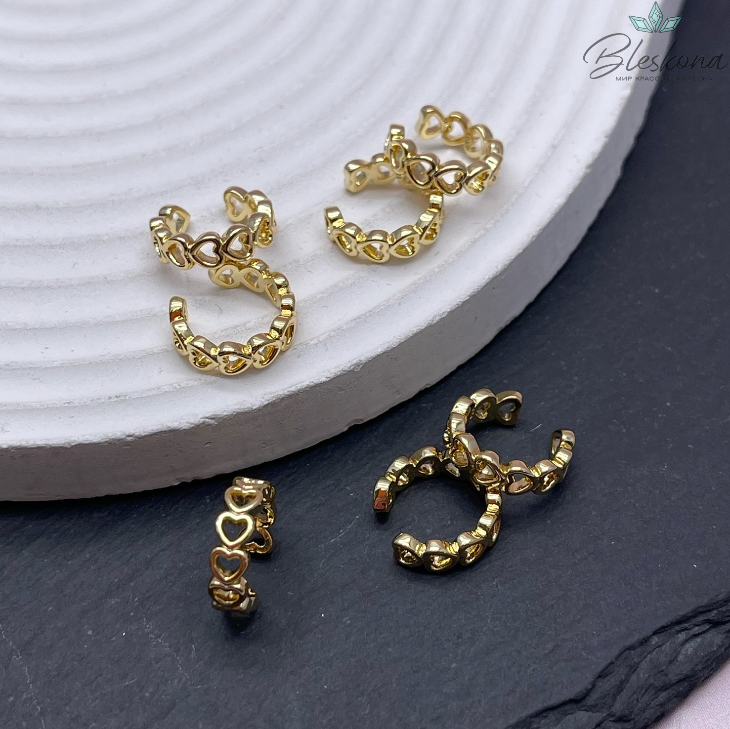 Кафф сердечки, цвет золото 12,5 мм