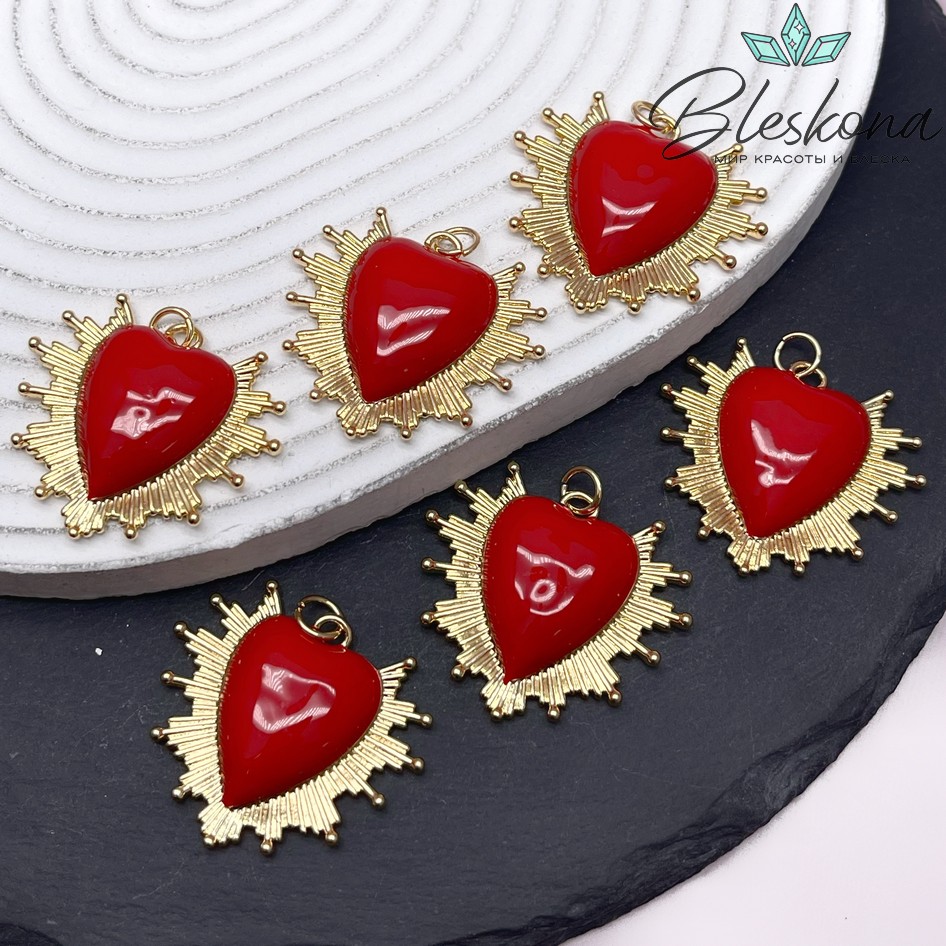 30*34 мм Цвет золото, Подвеска сердце лучи красная эмаль