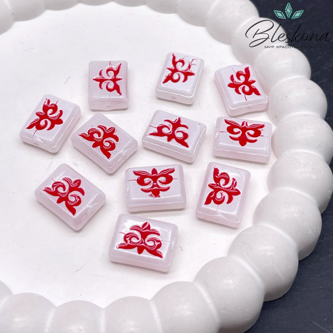 12*16 мм Бусина Этно прямоугольник белый красный рисунок