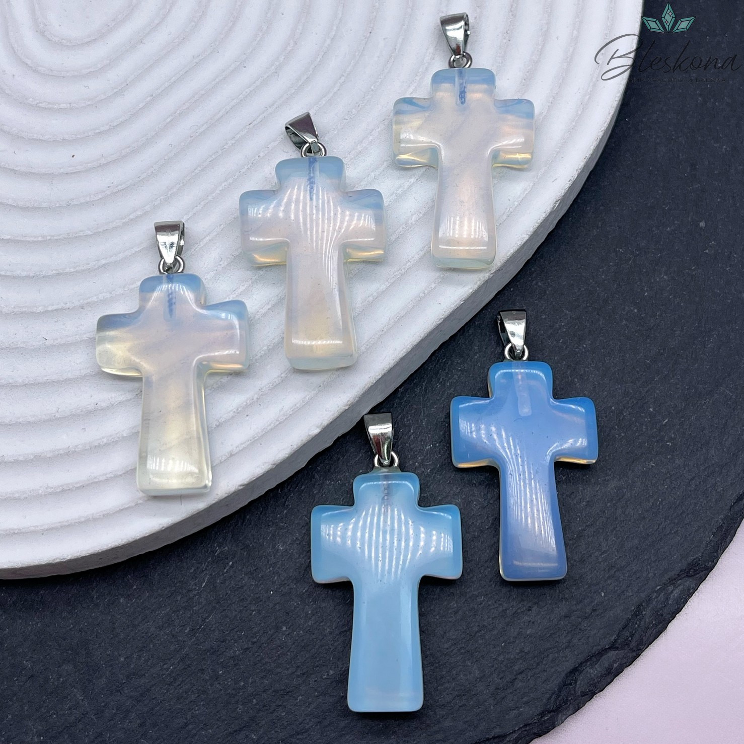 Подвеска крест Лунный камень (имитация), цвет серебро 35*22 мм