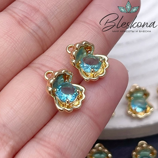 14*10 мм Цвет золото, Подвеска Ракушка голубым с цирконом 