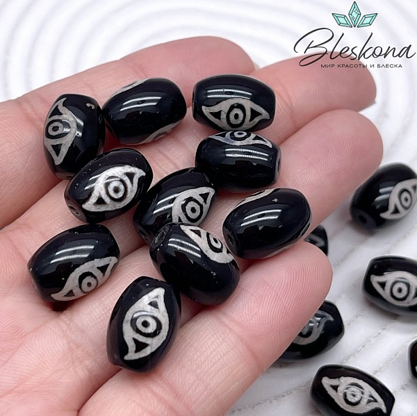 Бусина Дзи 2 глаза Феникса черно-белый бочонок 10*14 мм