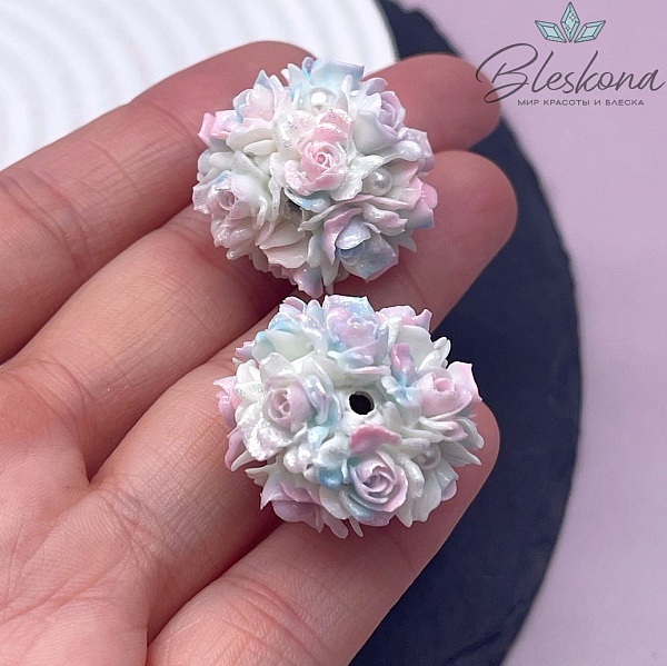 24 мм Бусина шар цветочный розово-голубой  