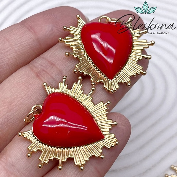 30*34 мм Цвет золото, Подвеска сердце лучи красная эмаль