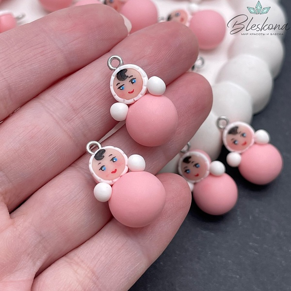 24,5*12,5 мм, Цвет серебро, Подвеска Неваляшка мини розовая