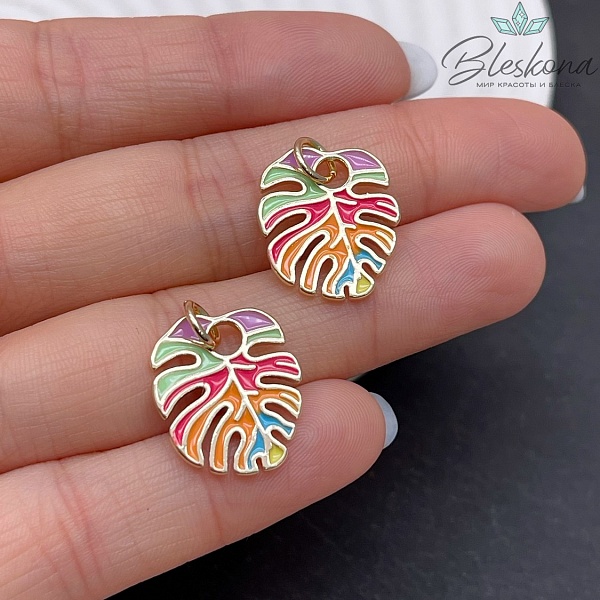 18*16 мм Цвет золото, Подвеска Монстера лист цветная эмаль 