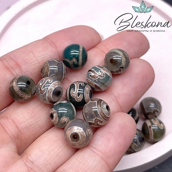 Бусина Дзи Зеленая тара зелено-коричневый шар 10 мм уп.10 шт