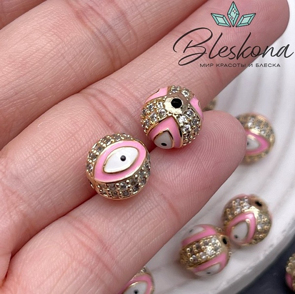 10,5 мм Цвет золото, Бусина с глазком розовая эмаль