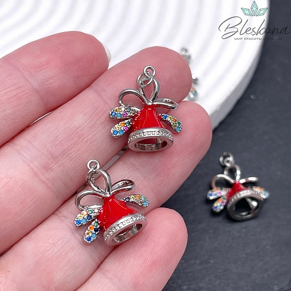 18*17 мм Цвет серебро, Подвеска Новогодний колокольчик красная эмаль