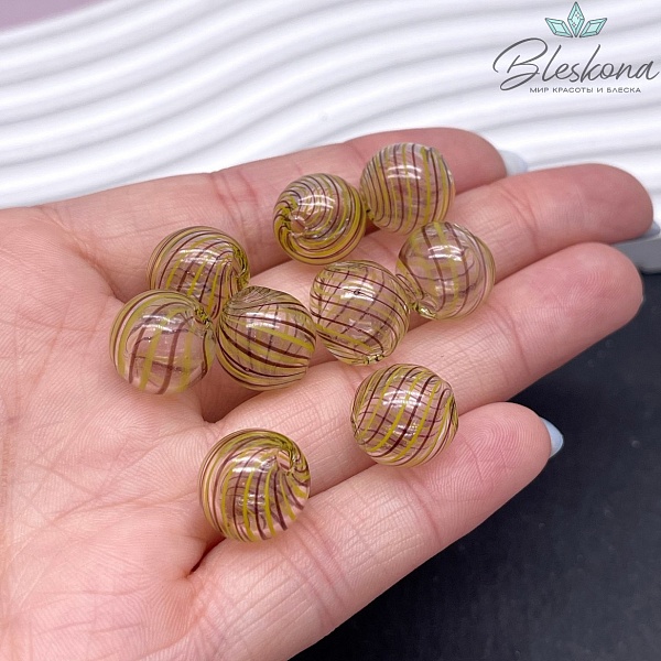 14 мм Бусина шар стекло прозрачное желто- коричневые  полосы