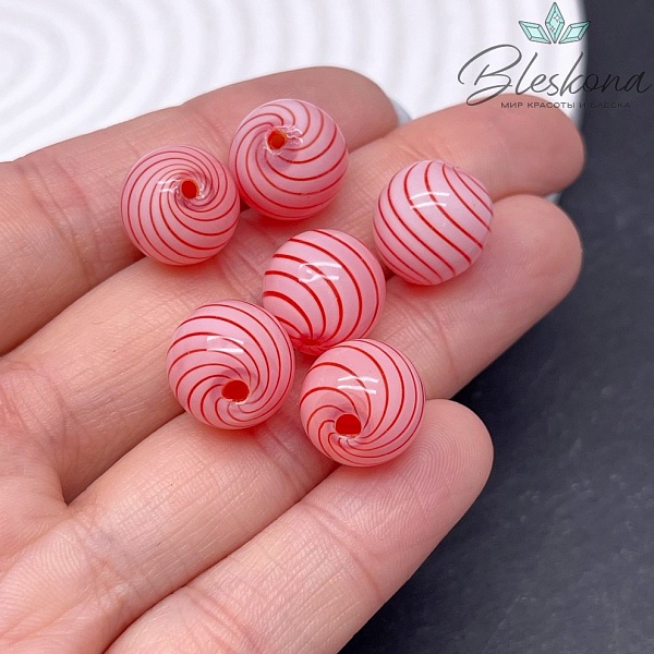 13 мм Бусина шар стекло розовое красные полосы