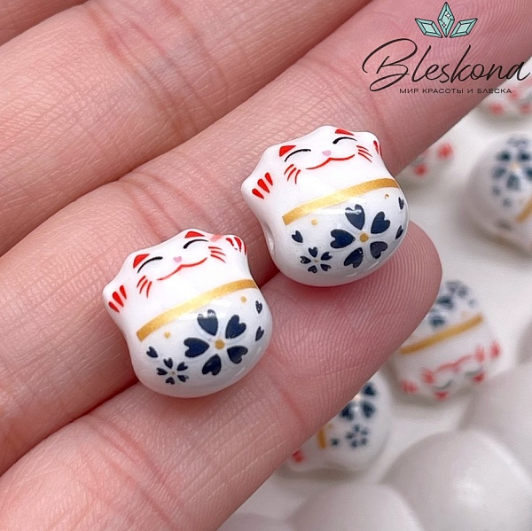 13,5*13 мм Керамика бусина Котик белый, отверстие поперек