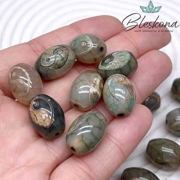 Бусина Дзи Инь-Янь зелено-коричневый бочонок 16*12 мм