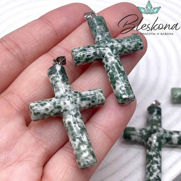 Подвеска крест Яшма зеленая пятнистая, цвет серебро 43*28 мм