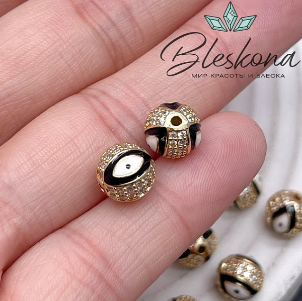 8,5 мм Цвет золото, Бусина с глазком черная эмаль