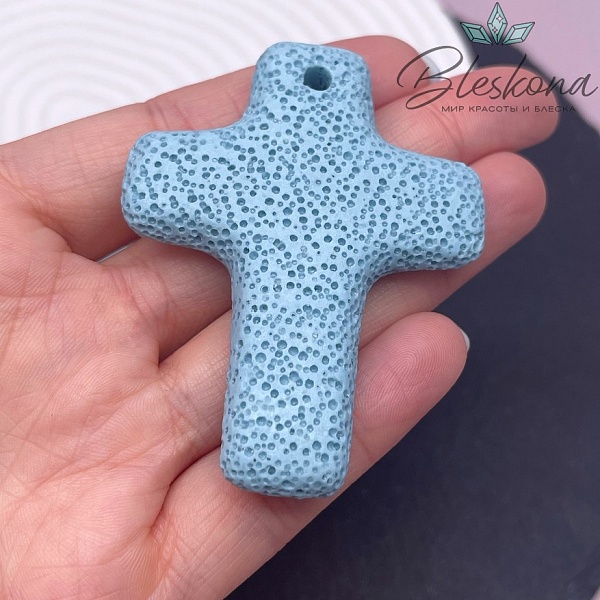 Лава Вулканическая Подвеска крест светло- голубой 66*52 мм