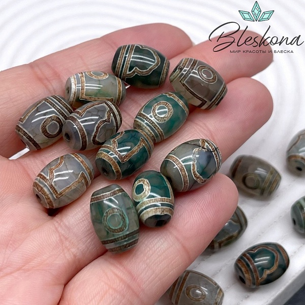 Бусина Дзи 1 глаз и гора зелено-коричневый бочонок 10*14 мм