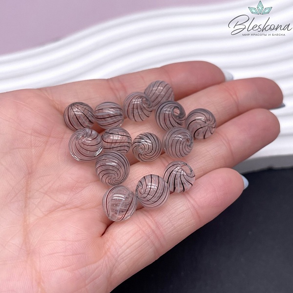 10 мм Бусина шар стекло прозрачное бело- коричневые полосы