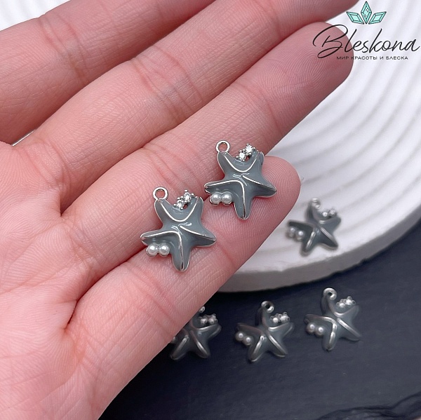 14*12,5 мм Цвет серебро, Подвеска Морская звезда серая эмаль, цирконы