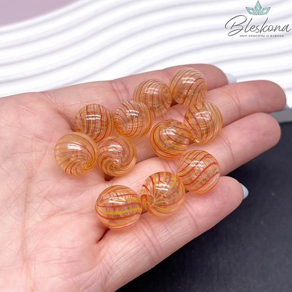 13 мм Бусина шар стекло прозрачное желто- оранжевые полосы