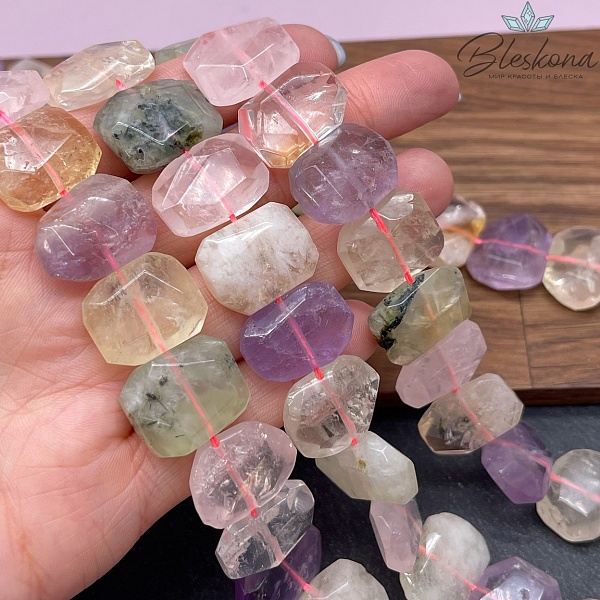 Микс фриформ огранка розовый кварц, аметист, цитрин, пренит (13-16)*(17-20) мм